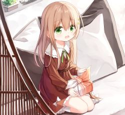 Rule 34 | 1girl, :d, brown dress, brown hair, collared shirt, commentary request, dress, green eyes, hair ornament, hairclip, holding, long hair, long sleeves, looking at viewer, open mouth, original, pillow, plant, seiza, shirt, sitting, sleeves past wrists, smile, socks, solo, waka (yuuhagi (amaretto-no-natsu)), white shirt, white socks, yuuhagi (amaretto-no-natsu)