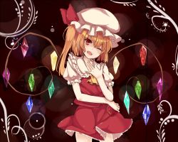Rule 34 | 1girl, :d, blonde hair, flandre scarlet, hat, hat ribbon, looking at viewer, makai penguin, open mouth, red eyes, ribbon, smile, solo, touhou