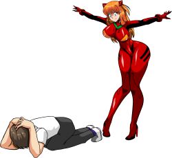 Rule 34 | 1girl, alcione makoto, alternate breast size, arms up, blue eyes, bodysuit, breasts, brown hair, curvy, earrings, femdom, highres, ikari shinji, interface headset, jewelry, large breasts, long hair, looking at another, neon genesis evangelion, plugsuit, red bodysuit, shiny clothes, short hair, skin tight, smile, souryuu asuka langley, two side up, very long hair, wide hips
