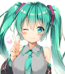 Rule 34 | 1girl, ;), detached sleeves, green eyes, green hair, hatsune miku, long hair, looking at viewer, matching hair/eyes, necktie, one eye closed, riichu, smile, solo, twintails, v, vocaloid
