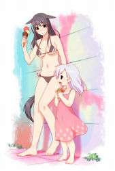 Rule 34 | 10s, 2girls, artist request, barefoot, bikini, black hair, burger, dress, eating, facial mark, final fantasy, final fantasy xiv, food, gradient background, highres, ice cream, ice cream cone, lalafell, leaning, miqo&#039;te, multiple girls, silver hair, sundress, swimsuit, wall