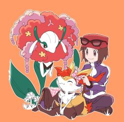 Rule 34 | 1boy, animal ear fluff, bow, bracelet, braixen, brown eyes, brown footwear, brown hair, calem (pokemon), closed mouth, commentary request, creatures (company), eyewear on headwear, florges, florges (red flower), game freak, gen 6 pokemon, hat, highres, hungry seishin, jacket, jewelry, long sleeves, looking down, male focus, nintendo, orange background, outline, pants, pokemon, pokemon (creature), pokemon xy, polka dot, polka dot bow, red headwear, shoes, short hair, simple background, sitting, smile, sunglasses, turtleneck, turtleneck jacket