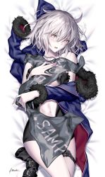 Rule 34 | blue jacket, blush, boots, unworn boots, fate/grand order, fate (series), fur trim, grey hair, highres, jacket, jeanne d&#039;arc alter (avenger) (fate), jeanne d&#039;arc alter (fate), jeanne d&#039;arc alter (ver. shinjuku 1999) (fate), jewelry, kousaki rui, long sleeves, looking at viewer, lying, navel, necklace, off shoulder, on back, parted lips, short hair, solo, thighs, yellow eyes