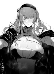 Rule 34 | 1girl, :p, absurdres, azur lane, beret, blush, breasts, cleavage, greyscale, hat, highres, huge breasts, long hair, looking at viewer, military, military uniform, monochrome, outstretched arms, shiworiita, sidelocks, simple background, skindentation, smile, steaming body, sweat, tongue, tongue out, twintails, uniform, white background, zara (azur lane)