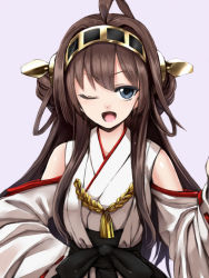 Rule 34 | 10s, 1girl, ;d, ahoge, bad id, bad pixiv id, blue eyes, brown hair, detached sleeves, hair ornament, hairband, headgear, japanese clothes, kantai collection, kongou (kancolle), long hair, one eye closed, open mouth, personification, smile, solo, takemori shintarou, wink