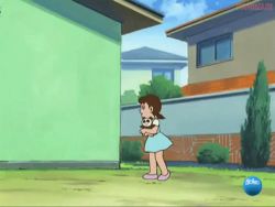 Rule 34 | 1boy, 1girl, animated, animated gif, black hair, blue sky, brown hair, child, cloud, day, doraemon, full body, glasses, holding, house, legs, lowres, minamoto shizuka, official art, outdoors, panda, panties, pantyshot, plant, shoes, short hair, short sleeves, short twintails, skirt, sky, standing, tree, twintails, underwear, watermark, white panties, wind
