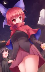 Rule 34 | 2girls, black cape, black shirt, blue bow, blush, bow, breasts, candy, cape, child, cloud, cloudy sky, commentary request, covered mouth, cowboy shot, crescent moon, extra, faceless, faceless female, food, from below, ghost, hair bow, halloween, hat, highres, holding another&#039;s wrist, long sleeves, looking to the side, lzh, medium breasts, moon, multiple girls, night, open hand, open mouth, outdoors, pleated skirt, red cape, red eyes, red hair, red skirt, sekibanki, shirt, short hair, skirt, sky, standing, thighs, touhou, untucked shirt, witch, witch hat