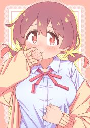 Rule 34 | 1girl, absurdres, blush, breasts, brown eyes, brown hair, commentary, dress shirt, hair between eyes, hand to own mouth, highres, jacket, large breasts, long hair, long sleeves, looking at viewer, low twintails, multicolored hair, murosaki miyo, neck ribbon, nuurise2023, off shoulder, onii-chan wa oshimai!, open clothes, open jacket, puffy long sleeves, puffy sleeves, red hair, red ribbon, ribbon, shirt, solo, twintails, two-tone hair, upper body, wing collar, yellow jacket