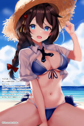 Rule 34 | 1girl, absurdres, bikini, black hair, black ribbon, blue bikini, blue eyes, braid, breasts, cleavage, collared shirt, commentary request, cowboy shot, dress shirt, hair flaps, hair over shoulder, hat, highres, himura moritaka, kantai collection, long hair, looking at viewer, medium breasts, neck ribbon, official alternate costume, open clothes, open shirt, ribbon, shigure (kancolle), shigure kai san (kancolle), shirt, side-tie bikini bottom, single braid, smile, solo, straw hat, swimsuit, translated, twitter username, white shirt