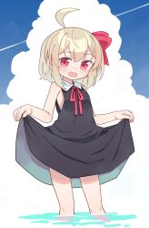 Rule 34 | 1girl, :d, ahoge, black dress, blonde hair, blue sky, clothes lift, cloud, dress, dress lift, hair ribbon, highres, kibisake, lifted by self, looking at viewer, open mouth, outdoors, partially submerged, red eyes, red ribbon, ribbon, rumia, short hair, sky, sleeveless, sleeveless dress, smile, solo, standing, touhou