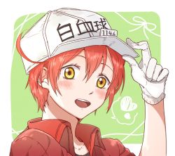 Rule 34 | 10s, 1girl, :d, ae-3803, blush, borrowed clothes, character name, collarbone, gloves, hair between eyes, hat, hataraku saibou, jacket, looking at viewer, momomo35293, open mouth, red hair, red jacket, short hair, smile, solo, u-1146, upper body, white gloves, white hat, yellow eyes