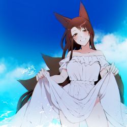 Rule 34 | 1girl, akagi (azur lane), alternate costume, animal ears, azur lane, blue sky, brown hair, clothes lift, cloud, commentary request, dated, day, dress, dress lift, fox ears, fox tail, gluteal fold, grin, hair ornament, head tilt, highres, legs apart, lifted by self, long hair, looking at viewer, multiple tails, outdoors, red eyes, see-through, sidelocks, signature, skirt, skirt lift, sky, smile, solo, standing, sundress, suzuki-san (szk3tv), swept bangs, tail, water, waves, white dress, x hair ornament