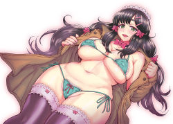 Rule 34 | 1girl, :d, bikini, black hair, blush, bow, breasts, brown jacket, character request, cleavage, collarbone, copyright request, covered erect nipples, curvy, exhibitionism, frilled bikini, frilled thighhighs, frills, green bikini, green eyes, hair bow, hair ornament, hairclip, itou eito, jacket, large breasts, long hair, looking at viewer, maid headdress, navel, open clothes, open jacket, open mouth, public indecency, purple thighhighs, red bow, shiny skin, side-tie bikini bottom, simple background, smile, solo, swimsuit, thighhighs, white background, wide hips