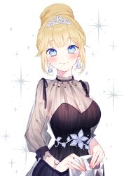 Rule 34 | 1girl, bead necklace, beads, black dress, blonde hair, blue eyes, blush, breasts, chiyomaru (yumichiyo0606), cleavage, closed mouth, collar, commentary, diamond earrings, dress, earrings, frilled collar, frills, hair bun, highres, holding, hololive, hololive english, jewelry, looking at viewer, medium breasts, mole, mole on breast, necklace, official alternate costume, official alternate hairstyle, see-through, see-through sleeves, short hair, simple background, single hair bun, smile, solo, sparkle, symbol-only commentary, tiara, upper body, virtual youtuber, watch, watson amelia, watson amelia (party dress), white background, wristwatch