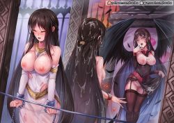 Rule 34 | 1girl, bare shoulders, black dress, black hair, blue eyes, blush, breasts, bukkake, chain, commentary, commentary request, corruption, cum, cum on body, cum on clothes, cum on dress, cum on hair, dark persona, demon wings, dress, english commentary, facial, facial tattoo, feathered wings, garter belt, garter straps, gumroad username, large breasts, long hair, looking at viewer, mabinogi, mabinogi heroes, nipples, no panties, patreon logo, patreon username, rebe11, restrained, standing, tattoo, very long hair, watermark, web address, white dress, wings