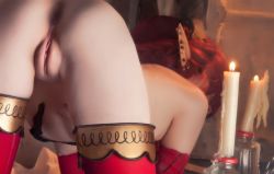 Rule 34 | 1girl, ass, bent over, castanic, cleft of venus, cosplay, costume, fat mons, from behind, highres, jewelry, photo (medium), piercing, pointy ears, pussy, red hair, solo, tera online, thighhighs, uncensored, vandych, velvet, velvet (cosplay)