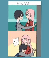 Rule 34 | !?, 10s, 1boy, 1girl, black hair, blue eyes, blush, colorized, comic, couple, darling in the franxx, face-to-face, green eyes, hand on another&#039;s head, highres, hiro (darling in the franxx), horns, hug, kabedon, long hair, looking at another, military, military uniform, nonomiya nonon, oni horns, pink hair, short hair, sweatdrop, translation request, uniform, zero two (darling in the franxx)