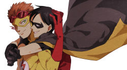 Rule 34 | 2boys, black hair, cape, cartoon network, dc comics, dick grayson, doudoude dou, freckles, glasses, gloves, goggles, kid flash, male focus, mask, multiple boys, orange hair, robin (dc), short hair, simple background, wally west, young justice: invasion