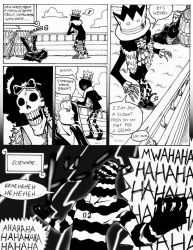 Rule 34 | 3boys, brook (one piece), comic, garththedestroyer, laughing, male focus, md5 mismatch, monochrome, multiple boys, one piece, roronoa zoro, ship, skeleton, watercraft, zeo (one piece)