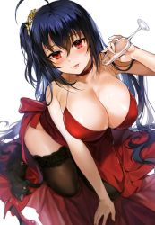 Rule 34 | 1girl, :p, ahoge, all fours, arm up, azur lane, black cat, black hair, black thighhighs, blush, breasts, cat, champagne flute, choker, cleavage, cup, dress, drinking glass, gijang, hair between eyes, halterneck, high heels, huge breasts, lace, lace-trimmed legwear, lace trim, long hair, looking at viewer, md5 mismatch, official alternate costume, one side up, pouring, pouring onto self, red dress, red eyes, resolution mismatch, shoes, unworn shoes, side slit, simple background, solo, source larger, taihou (azur lane), taihou (forbidden feast) (azur lane), thighhighs, tongue, tongue out, very long hair, white background