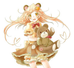 Rule 34 | 10s, 1girl, animal ears, blonde hair, bloomers, blush, bow, extra, girl with bear (madoka magica), gloves, hair ornament, heart, long hair, lunica, mahou shoujo madoka magica, mahou shoujo madoka magica (anime), open mouth, rukashima, simple background, skirt, smile, solo, stuffed animal, stuffed toy, teddy bear, underwear, yellow eyes