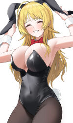 Rule 34 | 1girl, ^ ^, absurdres, animal ears, armpits, arms up, black leotard, blonde hair, blush, bow, bowtie, breasts, closed eyes, commentary request, detached collar, fake animal ears, fake tail, hachimiya meguru, hair flaps, highres, holding ear, idolmaster, idolmaster shiny colors, large breasts, leotard, long hair, nervous smile, pdal (pdalhhh), playboy bunny, rabbit ears, rabbit tail, red bow, red bowtie, simple background, smile, solo, strapless, strapless leotard, tail, white background, white wrist cuffs, wrist cuffs
