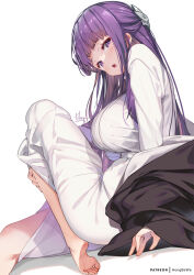 Rule 34 | 1girl, barefoot, black coat, blunt bangs, blush, breasts, coat, dress, fern (sousou no frieren), hair ornament, half updo, hong (white spider), knee up, large breasts, long hair, long sleeves, looking at viewer, off shoulder, open mouth, purple eyes, purple hair, sidelocks, sitting, solo, sousou no frieren, white dress