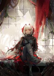 Rule 34 | 1girl, arknights, black jacket, black scarf, boots, detonator, horns, jacket, looking at viewer, mk 18 carbine, red eyes, red scarf, scarf, shenji laurant, silver hair, sitting, w (arknights), wall
