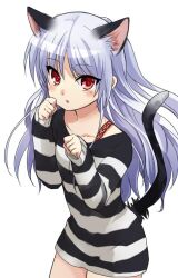 Rule 34 | 1girl, alternate costume, angel beats!, animal ears, asami yuriko, blush, casual, cat day, cat ears, cat girl, cat tail, collarbone, commentary request, cowboy shot, eyelashes, eyes visible through hair, hair between eyes, hands up, long hair, looking at viewer, off shoulder, parted bangs, parted lips, paw pose, red eyes, shirt, simple background, sleeves past wrists, solo, standing, striped clothes, striped shirt, tachibana kanade, tail, upturned eyes, very long hair, white background, white hair