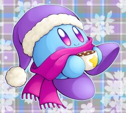 Rule 34 | alternate color, blue skin, blush stickers, colored skin, cup, food, hat, highres, holding, holding cup, hot chocolate, kirby, kirby (series), looking at viewer, marshmallow, nintendo, no humans, pom pom (clothes), purple eyes, purple hat, scarf, slys (jesterdysphoria), smile, solid oval eyes, solo, star (symbol)