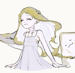 Rule 34 | 1girl, blonde hair, braid, closed eyes, closed mouth, cropped torso, dee (tannsumi), dress, extra eyes, gills, highres, long hair, monster girl, original, personification, sleeveless, sleeveless dress, smile, solo, spaghetti strap, stingray, upper body, white dress