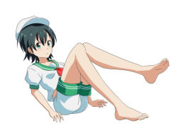 Rule 34 | 1girl, ass, bare legs, barefoot, black hair, blush, cato (monocatienus), collarbone, commentary request, full body, green eyes, green sailor collar, hair between eyes, hat, knees up, looking at viewer, midriff peek, murasa minamitsu, neckerchief, parted lips, puffy short sleeves, puffy sleeves, red neckerchief, sailor collar, sailor hat, sailor shirt, shirt, short hair, short sleeves, shorts, simple background, solo, thighs, touhou, white background, white hat, white shirt, white shorts