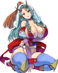 Rule 34 | 1girl, :d, aqua hair, between legs, blue thighhighs, boots, breasts, cleavage, collar, collarbone, green eyes, groin, hair over shoulder, hand between legs, head tilt, highres, horns, huge breasts, kouno (masao), long hair, looking at viewer, open mouth, original, parted bangs, pointy ears, puffy short sleeves, puffy sleeves, red footwear, short sleeves, simple background, sitting, smile, solo, thick thighs, thighhighs, thighs, white background, wrist cuffs