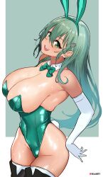 Rule 34 | absurdres, aiuti, animal ears, black thighhighs, bow, bowtie, breasts, cleavage, detached collar, elbow gloves, gloves, green bow, green bowtie, green eyes, green hair, green leotard, highleg, highleg leotard, highres, huge breasts, kantai collection, leotard, playboy bunny, rabbit ears, rabbit tail, smile, strapless, strapless leotard, suzuya (kancolle), tail, thighhighs, white gloves