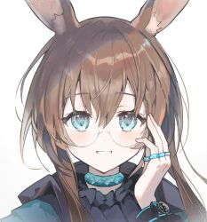 Rule 34 | 1girl, absurdres, amiya (arknights), animal ears, arknights, arm up, bespectacled, blue eyes, blush, brown hair, close-up, commentary, glasses, grin, hair between eyes, hair intakes, hand on own face, highres, jewelry, long hair, long sleeves, looking at viewer, portrait, rabbit ears, rabbit girl, ring, round eyewear, simple background, smile, solo, white background, xing (gloryxing)