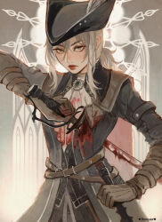 Rule 34 | 1girl, artist name, ascot, black coat, blood, blood on clothes, bloodborne, brown gloves, coat, commentary, frown, gloves, grey eyes, hat feather, highres, holding, holding weapon, impaled, lady maria of the astral clocktower, mace, ponytail, red lips, solo, sword, vicki tsai, weapon, white ascot, white hair