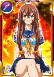 Rule 34 | 1girl, ass, breasts, brown hair, card (medium), crossed legs, glasses, green eyes, hair ornament, ikkitousen, large breasts, long hair, looking at viewer, official art, ryuubi gentoku, school uniform, shiny skin, shirt, sitting, skirt, smile, solo, torn clothes, torn shirt, very long hair, white shirt, wide hips