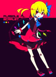 Rule 34 | 1girl, :o, akimaki yuu, alternate costume, ascot, bad id, bad twitter id, blonde hair, character name, commentary request, crystal, dress, fang, flandre scarlet, full body, hair ribbon, highres, looking at viewer, pleated dress, red background, red eyes, ribbon, scrunchie, shadow, short sleeves, side ponytail, solo, touhou, two-tone background, wings, wrist scrunchie