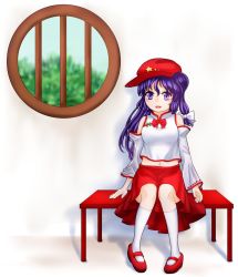 Rule 34 | 1girl, bare shoulders, bow, breasts, cabbie hat, detached sleeves, eyelashes, flat cap, hat, hat ornament, highres, label girl (dipp), long hair, mandarin collar, mary janes, medium breasts, midriff, minorin minor, navel, open mouth, purple eyes, purple hair, red bow, red footwear, red hat, red neckwear, red skirt, round window, shoes, side ponytail, simple background, sitting, skirt, star (symbol), star hat ornament, touhou, vest, white background, white legwear, white sleeves, white vest, wide sleeves, window