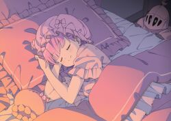 Rule 34 | 1girl, bed, blush, breasts, closed eyes, closed mouth, crescent, crescent print, hat, himemori luna, hololive, indoors, kanzaki hiro, luknight (himemori luna), lying, medium breasts, nightcap, on bed, on side, pajamas, pillow, pink hair, pink hat, pink pajamas, sleeping, smile, solo, star (symbol), star print, virtual youtuber