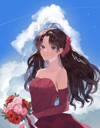 Rule 34 | 1girl, absurdres, ahoge, bare shoulders, blue eyes, bouquet, breasts, brown hair, cleavage, cloud, cloudy sky, commentary request, dress, elbow gloves, fate/stay night, fate (series), flower, gloves, hair flower, hair ornament, highres, holding, holding bouquet, long dress, long hair, looking at viewer, medium breasts, patterned clothing, pink flower, pink rose, red dress, red flower, red gloves, ribbon, rose, shimatori (sanyyyy), sky, smile, solo, strapless, strapless dress, tohsaka rin