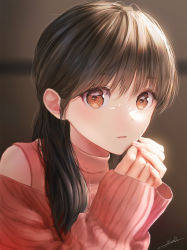 Rule 34 | 1girl, blurry, blurry background, highres, long hair, looking at viewer, off-shoulder sweater, off shoulder, ojay tkym, original, resolution mismatch, signature, solo, source larger, sweater