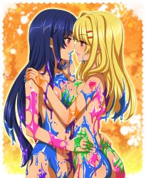 Rule 34 | 2girls, ass, back, bad id, bad pixiv id, bare shoulders, blonde hair, blue hair, blush, bodypaint, breast press, breasts, brown eyes, colorful, eye contact, female focus, grabbing another&#039;s chin, hair ornament, hairclip, hand on another&#039;s chin, hand on another&#039;s shoulder, heart, highres, hug, imminent kiss, large breasts, lips, lipstick, long hair, looking at another, makeup, multiple girls, nail polish, naughty face, navel, nipples, nude, original, paint, pink eyes, red eyes, sideboob, smile, standing, symmetrical docking, torso grab, vioka, yuri