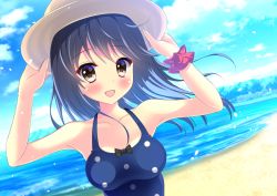Rule 34 | 10s, 1girl, adjusting clothes, adjusting headwear, bad id, bad pixiv id, beach, black hair, breasts, brown eyes, building, cloud, day, hat, kantai collection, long hair, ocean, open mouth, outdoors, polka dot, polka dot swimsuit, sand, sky, smile, solo, swimsuit, ushio (kancolle), water, yuzukaze rio