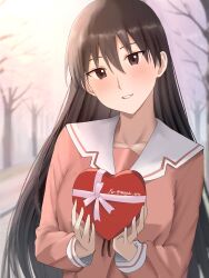 artist_name azumanga_daioh&#039;s_school_uniform azumanga_daiou black_hair blurry blurry_background blush box box_of_chocolates breasts brown_eyes cherry_blossoms collarbone commentary depth_of_field english_commentary gift gift_box head_tilt heart-shaped_box highres holding holding_box incoming_food incoming_gift large_breasts long_hair looking_at_viewer naoyuki_arts neck_ribbon outdoors parted_lips pink_shirt pink_trim pov red_ribbon ribbon sailor_collar sakaki_(azumanga_daioh) school_uniform shirt signature smile standing tree twitter_username upper_body valentine very_long_hair white_sailor_collar white_trim