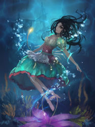 Rule 34 | 1girl, alice: madness returns, alice (alice in wonderland), alice in wonderland, alice liddell (american mcgee&#039;s alice), alternate costume, american mcgee&#039;s alice, barefoot, black hair, bubble, feet, gjred, green eyes, highres, legs, solo, underwater