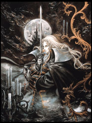 Rule 34 | 1boy, alucard (castlevania), androgynous, bat (animal), bishounen, candle, candlestand, castle, castlevania: symphony of the night, castlevania (series), coat, colored skin, cross, dhampir, from side, full moon, goth fashion, half-human, high collar, holding, holding sword, holding weapon, kojima ayami, konami, male focus, moon, official art, solo, sword, trench coat, undead, vampire, weapon, white skin