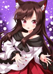 Rule 34 | 1girl, :o, animal ears, bare shoulders, brown hair, dress, fingernails, highres, imaizumi kagerou, long fingernails, long hair, looking at viewer, nail polish, one-hour drawing challenge, open mouth, purple background, red eyes, red nails, ruu (tksymkw), touhou, white dress, wolf ears, wolf girl