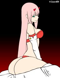 Rule 34 | 1girl, animated, animated gif, arched back, ass, ass focus, ass shake, bare shoulders, blue eyes, boots, bouncing ass, bouncing breasts, bra, breasts, darling in the franxx, demon horns, from side, green eyes, highres, horns, jiggle, long hair, looking at viewer, looking to the side, panties, red bra, red panties, small breasts, smile, solo, straight hair, strapless, strapless bra, thigh boots, thighhighs, thong, twerking, underwear, white footwear, zero two (darling in the franxx), zonen404
