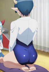 Rule 34 | 2girls, absurdres, anime screenshot, ass, blue hair, blue one-piece swimsuit, demon girl, demon horns, from behind, highres, horns, long sleeves, lv1 maou to one room yuusha, maou (lv1 maou to one room yuusha), multiple girls, one-piece swimsuit, pointy ears, screencap, seiza, shirt, shirt under swimsuit, short hair, sitting, stitched, swimsuit, thighs, third-party edit, white shirt, zenia (lv1 maou to one room yuusha)
